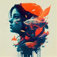 lindo mulher face com tropical peixe. colorida abstrato pintura., ai generativo imagem foto