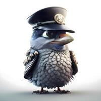 fofa pássaro com polícia boné e azul uniforme. 3d Renderização, ai generativo imagem foto