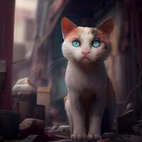 fofa gato com azul olhos e vermelho nariz sentado em a chão., ai generativo imagem foto