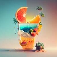 fruta coquetel com frutas e gelo dentro vidro. 3d ilustração, ai generativo imagem foto