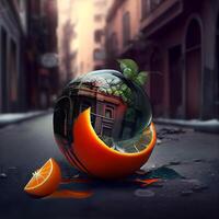abstrato imagem do a laranja e uma casa dentro uma vidro esfera, ai generativo imagem foto