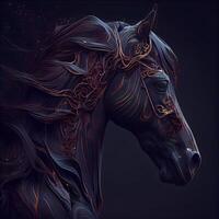 cavalo cabeça dentro perfil. ilustração em uma Preto fundo., ai generativo imagem foto