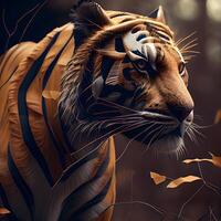 fechar acima retrato do uma tigre dentro uma floresta. 3d Renderização, ai generativo imagem foto