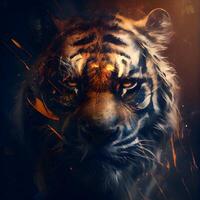 retrato do uma tigre com fogo e fumaça em uma Sombrio fundo., ai generativo imagem foto