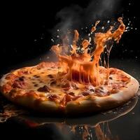 pizza com calabresa e mozzarella em uma Preto fundo, ai generativo imagem foto