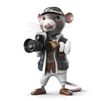 3d Renderização do uma desenho animado rato Como uma fotógrafo com uma Câmera, ai generativo imagem foto