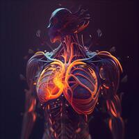 humano coração anatomia com brilhando luz, 3d Renderização médico ilustração., ai generativo imagem foto