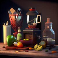 cozinha utensílios e frutas em de madeira mesa, 3d ilustração, ai generativo imagem foto