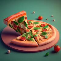 pizza com mozzarella queijo, tomate e manjericão em verde fundo, ai generativo imagem foto