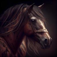 retrato do uma cavalo com grandes juba em uma Sombrio fundo, ai generativo imagem foto