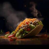 tacos com carne e legumes em uma Preto fundo com fumaça, ai generativo imagem foto