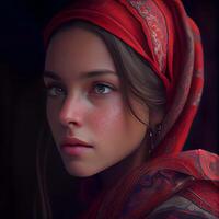 retrato do uma lindo menina com vermelho xaile em dela cabeça., ai generativo imagem foto