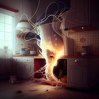 3d Renderização do uma queimando fogo dentro uma moderno cozinha às noite, ai generativo imagem foto