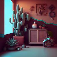 interior do a quarto com cactos. 3d Renderização, ai generativo imagem foto