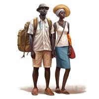 ilustração do uma casal do turistas com uma mala de viagem em uma branco fundo, ai generativo imagem foto