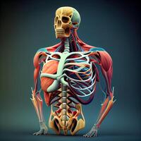 humano esqueleto anatomia com músculos e circulatório sistema. 3d ilustração, ai generativo imagem foto
