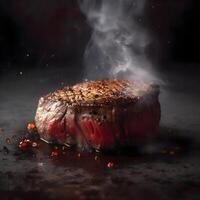 grelhado carne bife com chamas e fumaça em uma Preto fundo., ai generativo imagem foto