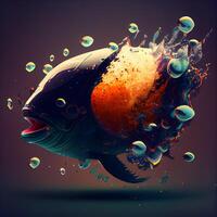 colorida peixe com água salpicos em Sombrio fundo. 3d Renderização, ai generativo imagem foto