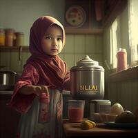 3d ilustração do uma pequeno muçulmano menina preparando Comida dentro a cozinha, ai generativo imagem foto