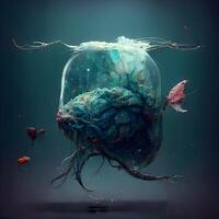 medusa flutuando dentro uma transparente vidro jar. 3d Renderização, ai generativo imagem foto