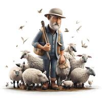 agricultor com ovelha e pássaros isolado em branco fundo. 3d Renderização., ai generativo imagem foto