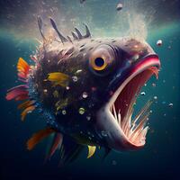 grande peixe em uma Sombrio fundo. embaixo da agua mundo. 3d Renderização, ai generativo imagem foto