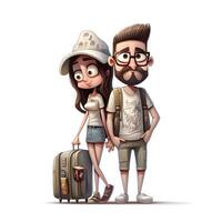 3d digital render do uma pequeno turista casal com uma mala de viagem isolado em branco fundo, ai generativo imagem foto