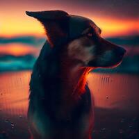 retrato do uma cachorro dentro a água em a de praia às pôr do sol, ai generativo imagem foto