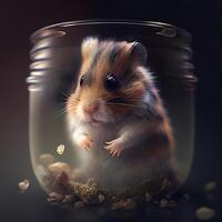 hamster dentro uma vidro jarra com sementes em uma Sombrio fundo., ai generativo imagem foto