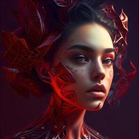 3d ilustração do uma lindo menina com futurista Penteado e inventar, ai generativo imagem foto