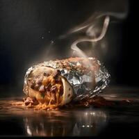 mexicano burrito com carne bovina, queijo e legumes em Preto fundo, ai generativo imagem foto