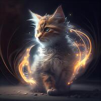 lindo maine coon gatinho com brilhando rabo em Sombrio fundo., ai generativo imagem foto