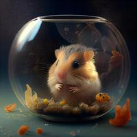 hamster dentro uma vidro tigela com peixinho. 3d Renderização, ai generativo imagem foto