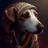 retrato do uma cachorro dentro uma turbante em uma Sombrio fundo., ai generativo imagem foto