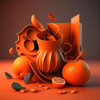 laranja e copo do café. 3d ilustração. vermelho fundo., ai generativo imagem foto