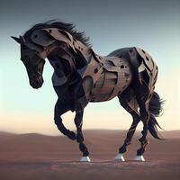 Preto cavalo com uma juba dentro a deserto. 3d renderizar, ai generativo imagem foto