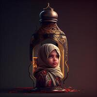 muçulmano menina com lanterna em Sombrio fundo. Ramadã kareem conceito., ai generativo imagem foto
