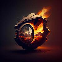 astronauta capacete dentro chamas em Sombrio fundo. ilustração., ai generativo imagem foto