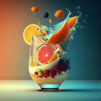 fruta espirrando para dentro uma vidro do suco. 3d Renderização, ai generativo imagem foto