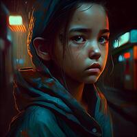 retrato do uma menina com sangue em dela face dentro a escuro, ai generativo imagem foto