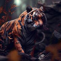 retrato do uma tigre dentro uma Sombrio floresta. 3d Renderização, ai  generativo imagem 23182396 Foto de stock no Vecteezy