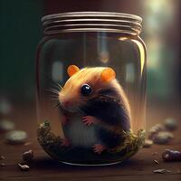 hamster dentro uma vidro jarra em uma Sombrio fundo. 3d Renderização, ai generativo imagem foto