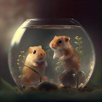 hamster dentro uma vidro aquário com pedras e algas marinhas. 3d Renderização, ai generativo imagem foto