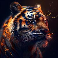 retrato do uma tigre com fogo chamas dentro a Sombrio fundo., ai generativo imagem foto