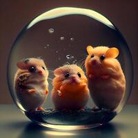 hamsters dentro uma vidro bola com bolhas em uma Sombrio fundo., ai generativo imagem foto