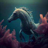 cavalo dentro embaixo da agua mundo. 3d renderizar. fantasia ilustração., ai generativo imagem foto