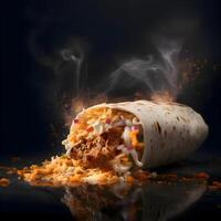 tradicional mexicano burrito com carne e legumes em Sombrio fundo, ai generativo imagem foto