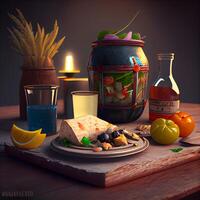 ainda vida com uma vaso do Comida e vinho, 3d renderizar, ai generativo imagem foto