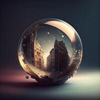 cristal bola com velho casas dentro a fundo. 3d ilustração., ai generativo imagem foto