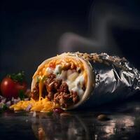 tortilla embrulho com carne, legumes e queijo em Sombrio fundo, ai generativo imagem foto